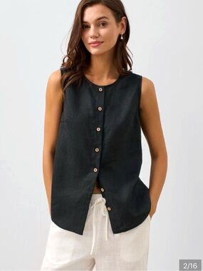 LINTICO 100% linen NWT Black Sleeveless Button top Medium